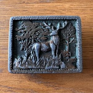 Vintage 1970s BULL ELK IN WOODS Artwork Western BELT BUCKLE Adezy Denver 1975